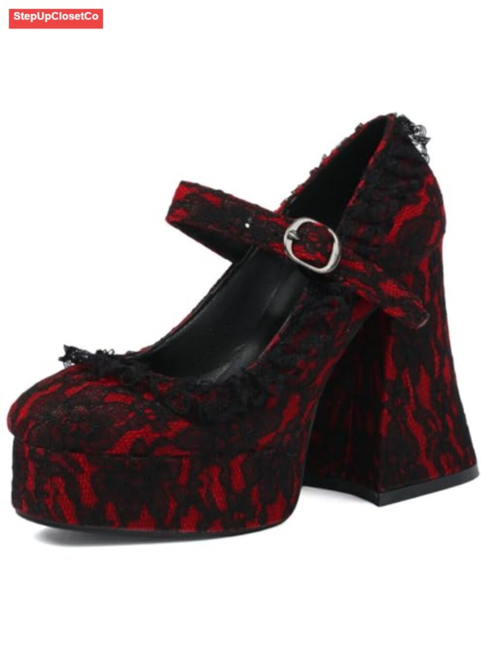 Goth Platform Mary Jane Heels Chunky High Heel Lace Flower Shoes Round Toe
